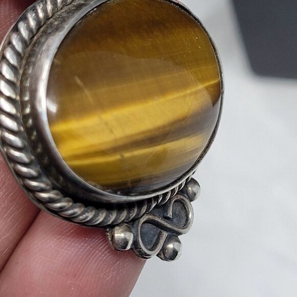 Signed 925 Artisan Tigers Eye Oval Pendant Silver Torque Choker Necklace Ornate‎ - Picture 7 of 15